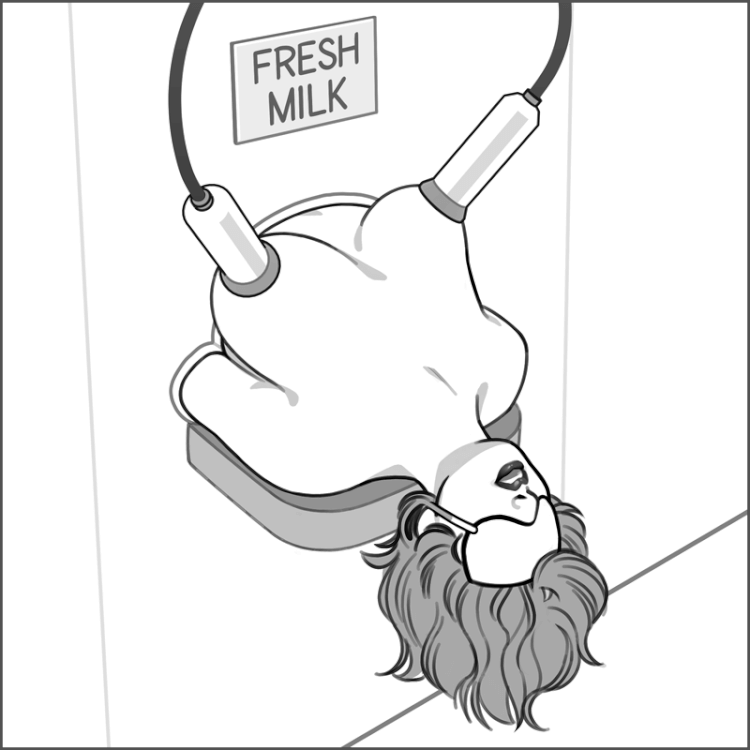 A view from the other side of the wall: a blindfolded Val lies exposed from the chest up, her arms held to her sides by the snug opening in the wall, below a sign reading "Fresh Milk." Two milking machine pumps are attached to her breasts.