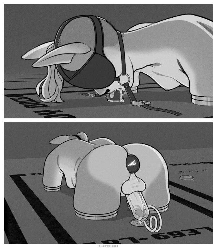 Rinnes (an anthro squirrel whose arms, legs, and tail have been removed) is locked into a designated docking station by their limb-plates. In the first panel, the straps of their blindfold are clamped to the ground, forcing them to deepthroat a dildo rigged to pump their own cum back to them. Cum leaks down the didlo onto the ground as their mouth overflows. In the second panel, another dildo is inserted deep into their ass, with an LED indicator denoting strong Wi-Fi signal; a pump is attached to their penis, with a tube connecting it to a port in the floor