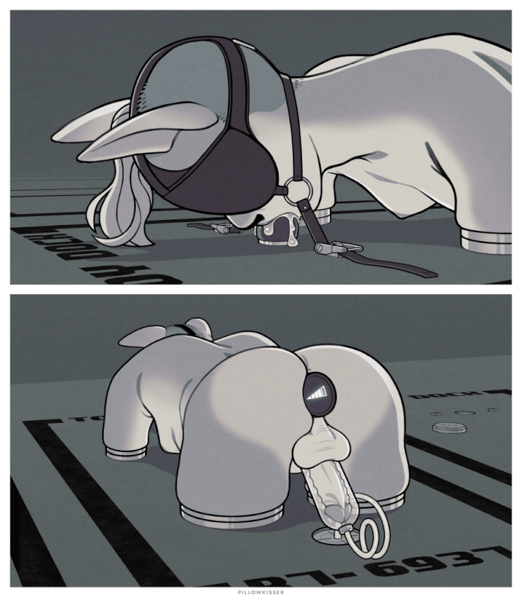 Rinnes (an anthro squirrel whose arms, legs, and tail have been removed) is locked into a designated docking station by their limb-plates. In the first panel, the straps of their blindfold are clamped to the ground, forcing them to deepthroat a dildo rigged to pump their own cum back to them. Cum leaks down the dildo onto the ground as their mouth overflows. In the second panel, another dildo is inserted deep into their ass, with an LED indicator denoting strong Wi-Fi signal; a pump is attached to their penis, with a tube connecting it to a port in the floor