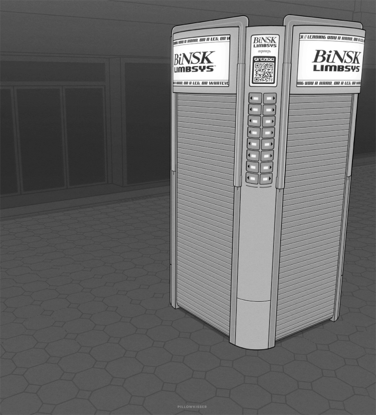 An alt of the original image, with the booth completely closed. The support railings are retracted into the frame, and the shutters are drawn. Instead of the file photos, the digital screens display the Binsk Limbsys logo.