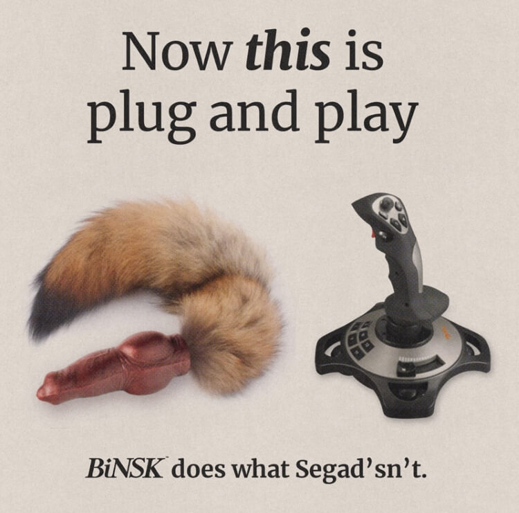 A tail attached to a knotted buttplug sits next to a flightstick controller. A headline reads "Now THIS is plug and play," with the caption Binsk does what Segad'sn't.