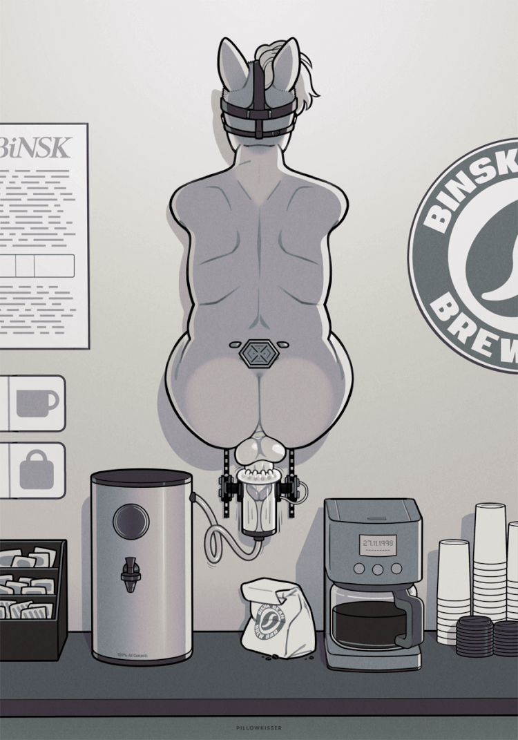 Rinnes (an anthro red squirrel with their arms, legs, and tail removed) is mounted on the wall above an employee break-room coffee bar. They are being milked by a wall-mounted milking machine connected to a large dispenser tank on the countertop.