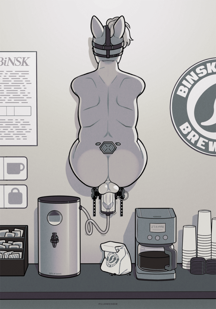 An alt of the previous image: the milking machine sliding up to take the entirety of Rinnes's penis.